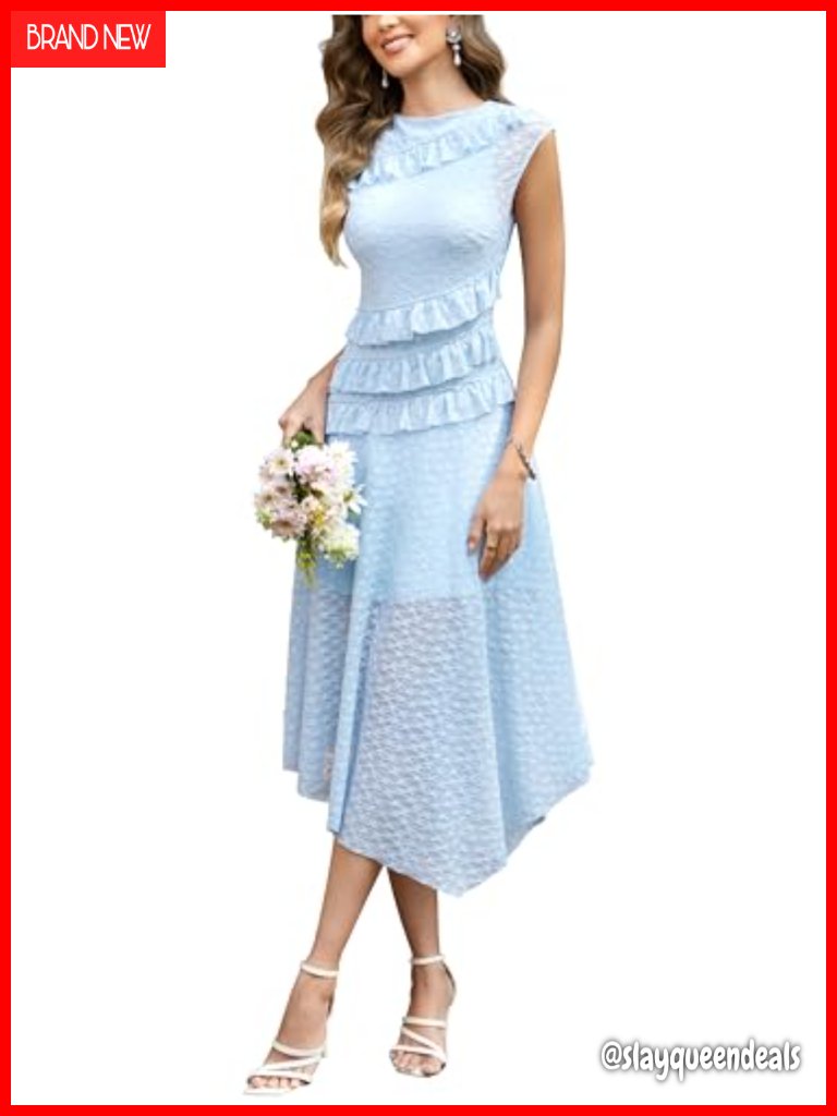 Tiered Ruffle Lace Midi Dress Asymmetrical Hem Sleeveless A-Line Party Dress